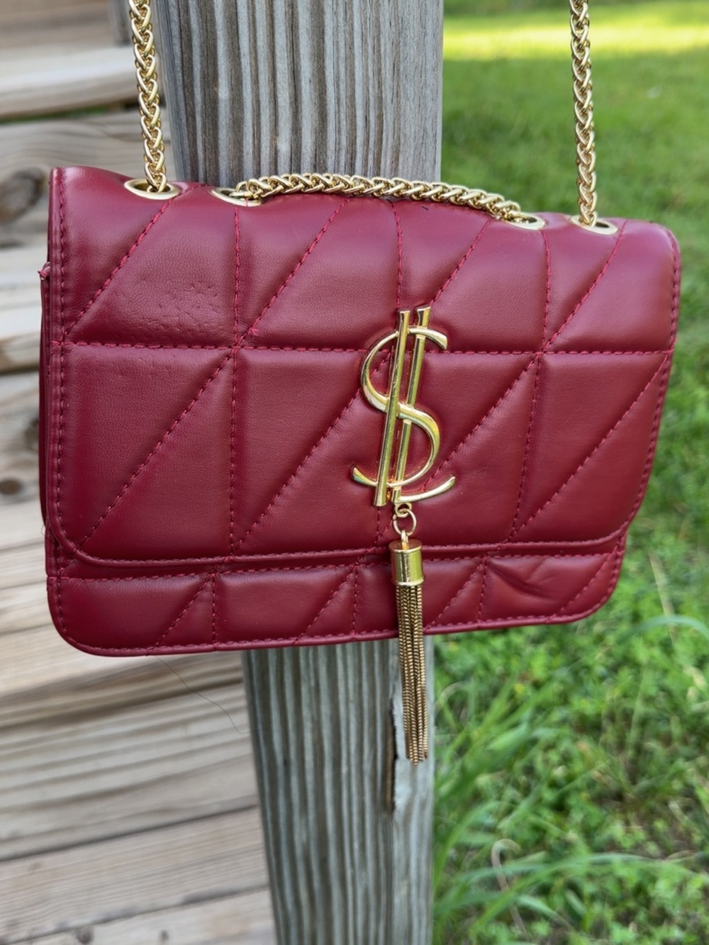 Quilted Red Chain Shoulder Bag with Gold Tassel